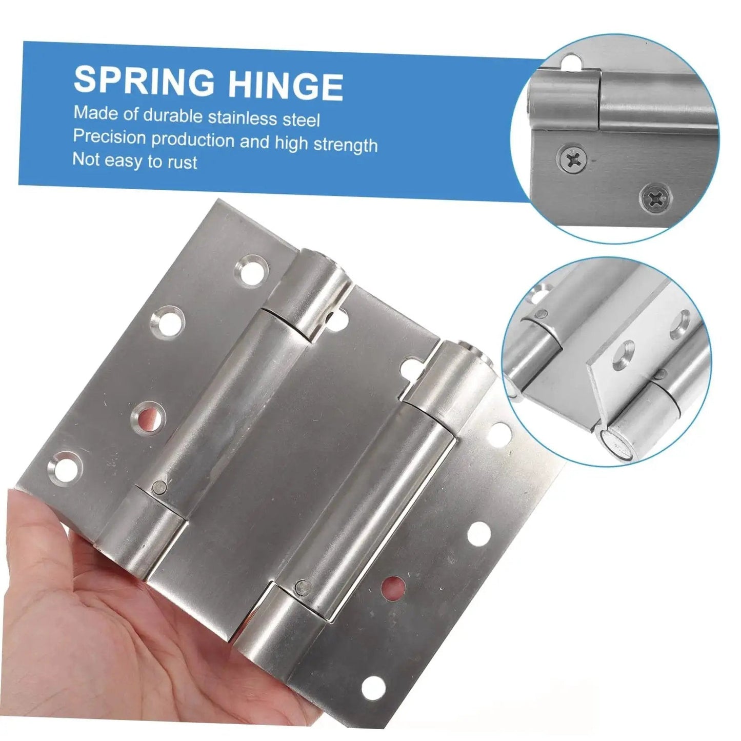 Close-up of double opening spring hinges self closing door hardware for storm and garden doors with adjustable tension.