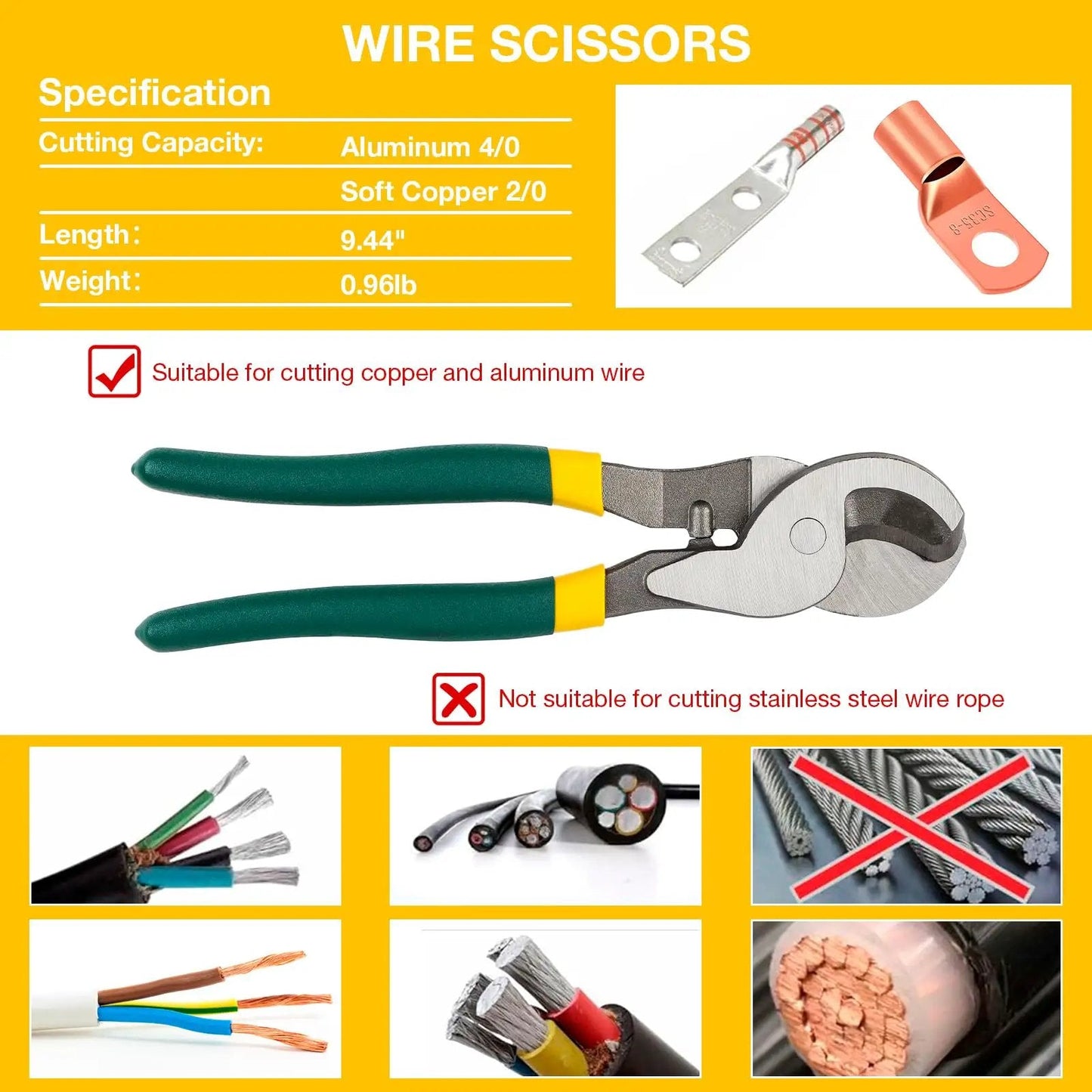 Beefy Heavy Duty Hydraulic Crimping Tool And Cable Cutter For 12 AWG To 2/0 AWG 10 Ton Battery Crimper With 9 Die Set For Cable Lug And Wire Terminal Lug By YUZES, showing front view, suitable for cutting copper and aluminum wire.