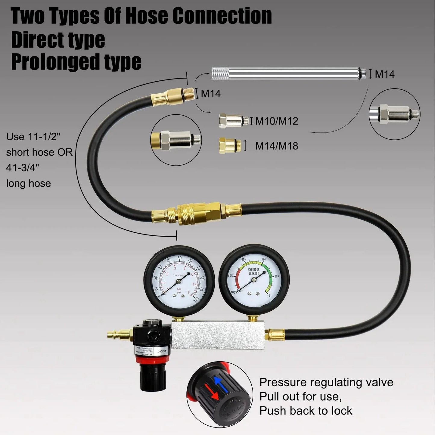 Leak Down Tester Kit For Cars And Small Engines With Dual Gauge Pressure Readout Garage Grade Extension Rods And 3 In 1 Cylinder Diagnostic Tool For Accurate Compression Checks And Leakage Rate Testing Blue showing dual gauge and hoses
