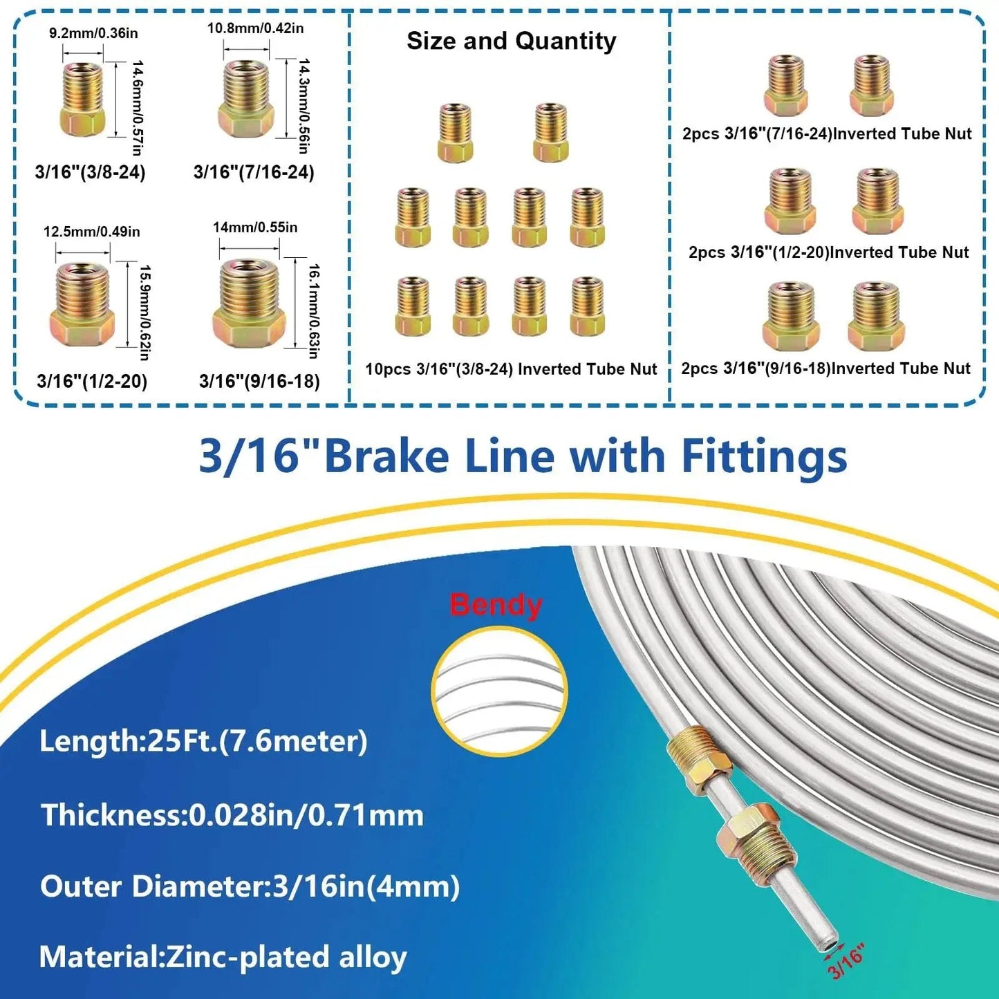 3/16 Inch Brake Line Kit 25 Ft Zinc Plated Fittings, Bender, Flare Tool Cutter shown with coiled lines and fittings.