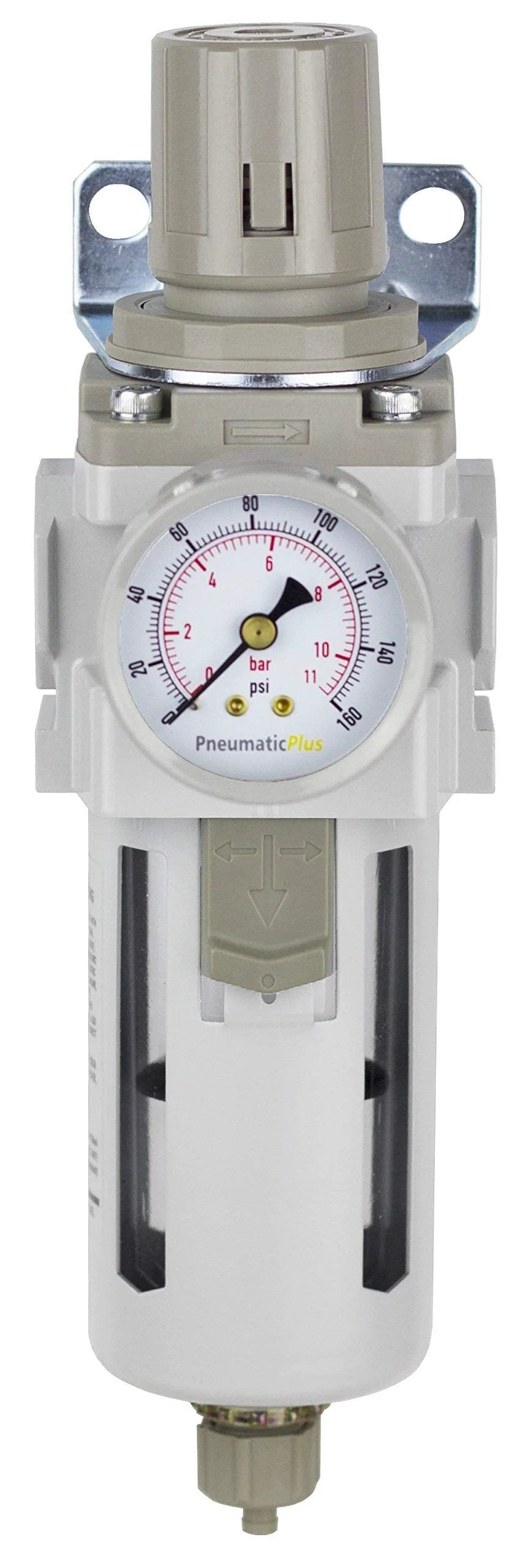 All In One One Half NPT Compressed Air Filter Regulator Piggyback Combo With Manual Drain Poly Bowl Bracket And Gauge By PneumaticPlus Ten Micron Element Preinstalled Flow 211 SCFM At 90 PSI Max 250 PSI Zero To One Fifty PSI