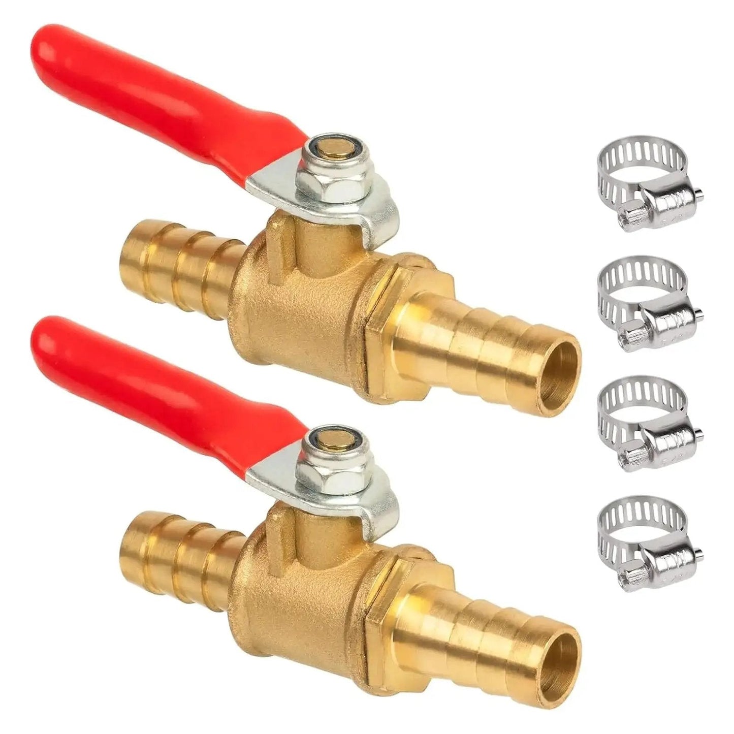 Beefy Three Eighths Inch Barb Shut Off Ball Valve For Air Water And Fuel Lines With Brass Fittings And Four Stainless Steel Clamps 2 Pack By KAINGA Leak Free Inline Hose Valve For Marine Automotive And Workshop, showing brass valves with red handles and clamps.