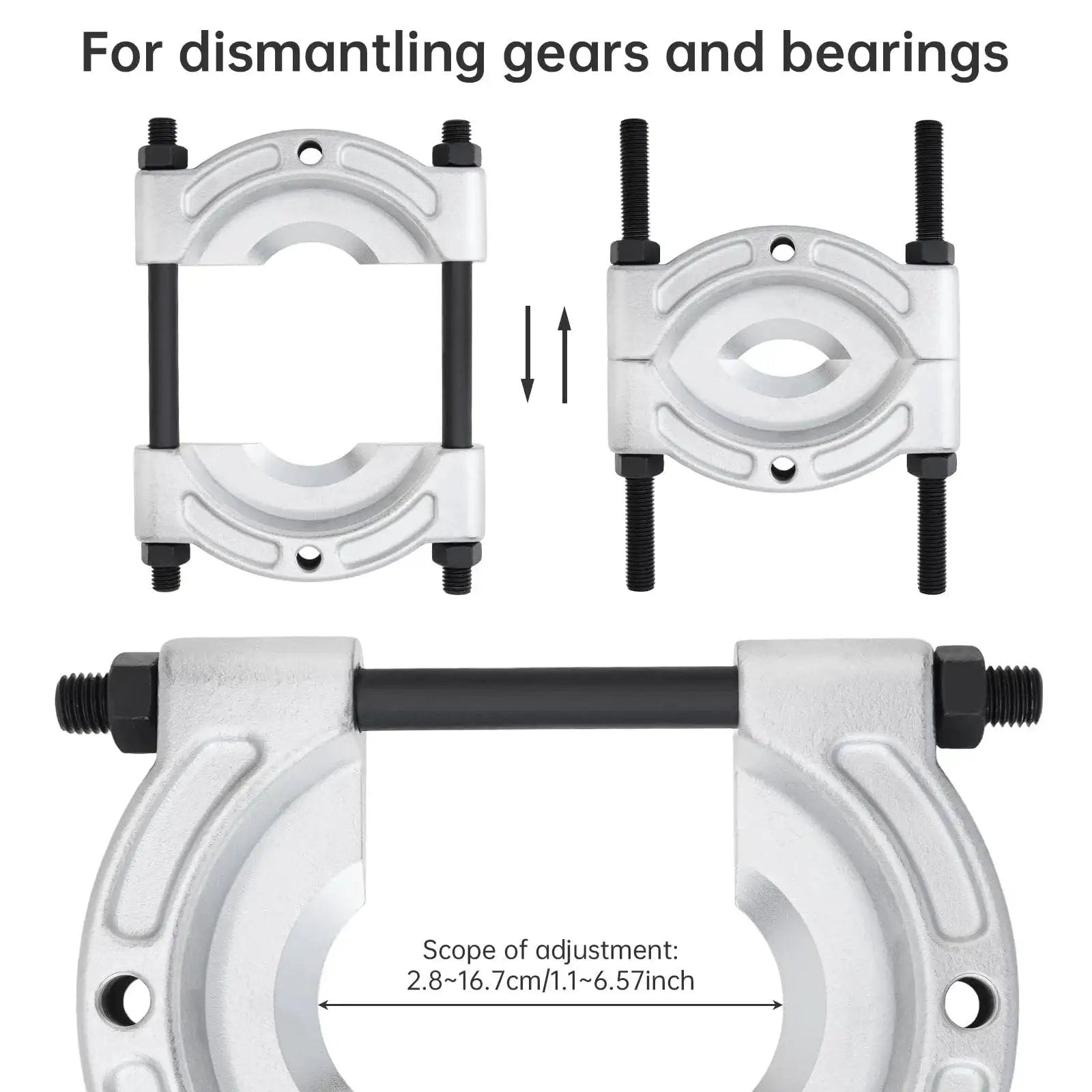Heavy Duty Bearing Puller And Gear Pinion Splitter shown for dismantling gears and bearings with jaw spread specifications.