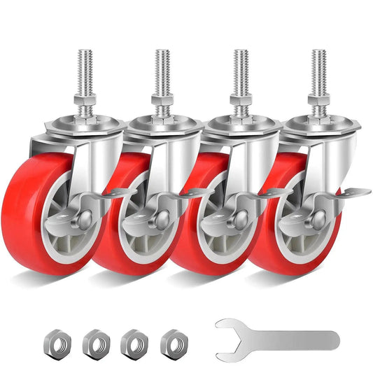 Heavy Duty Stem Casters With Brakes Swivel Wheels Set Of Four Locking Threaded Stem Casters Three Eighths Inch 16 UNC By One And One Half Inch