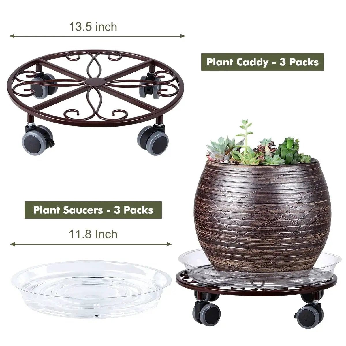 Three Pack Heavy Duty Metal Plant Caddies With Wheels 13.5 Inch Rolling Plant Stand Dollies in bronze finish with plant saucers.