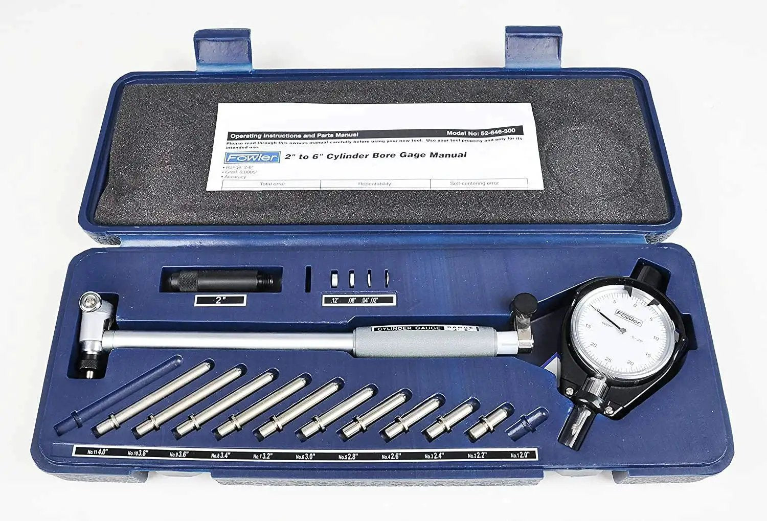 Premium Dial Bore Gage With Six Inch Measuring Range For Pro Grade Accurate Hole Diameter Checks And Geometry Verification, Dial Indicator Of 0.0005 Inch, Two Point Contact, Carbide Tip, 9.5 Inch Depth, Fowler 52 646 300 0 in protective case with accessories