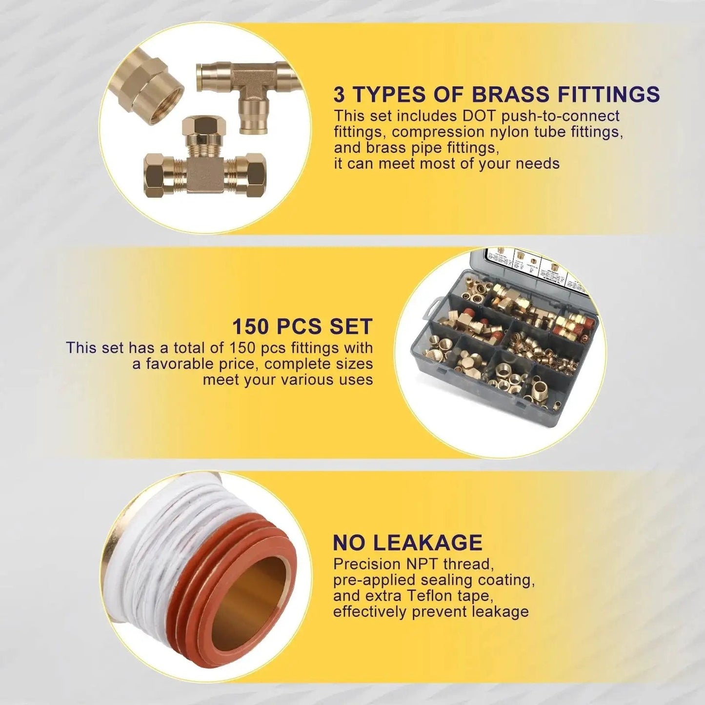Brass DOT Push To Connect Fittings And Nylon Tubing Assortment Kit For Air Systems with 150 pieces shown in sections