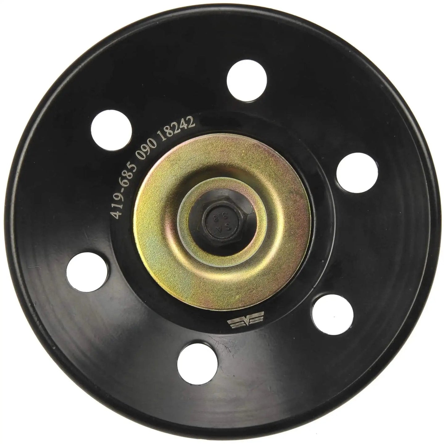 Top view of a Direct Replacement Accessory Drive Belt Idler Pulley For Dodge And Ram Vehicles That Stops Squealing Groaning And Restores OEM Fit And Performance, Replaces Worn Pulley With A Quiet Smoother Drive, Dorman, showing circular metal pulley with holes and central hub.