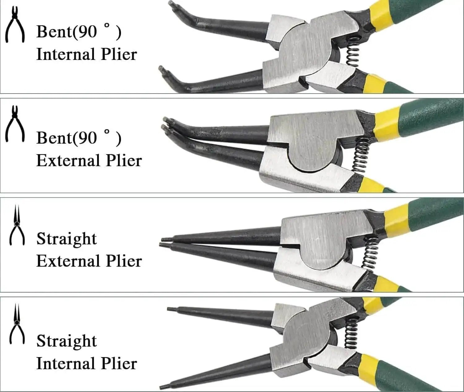 7 Inch Snap Ring Pliers Set 4 Piece Heavy Duty Retaining Ring Pliers Kit for Internal and External Circlips Straight and Bent Jaw Options