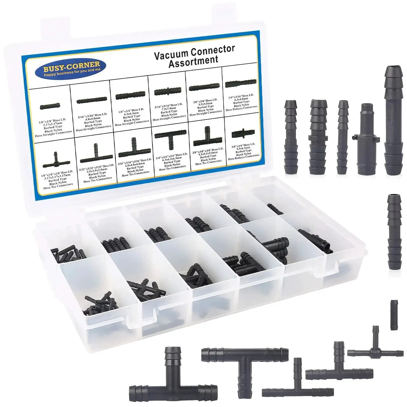 All In One Nylon 66 Vacuum Connector Kit With Heat Resistant 240C And 460F Rating, 113 Piece Assortment open box with connectors