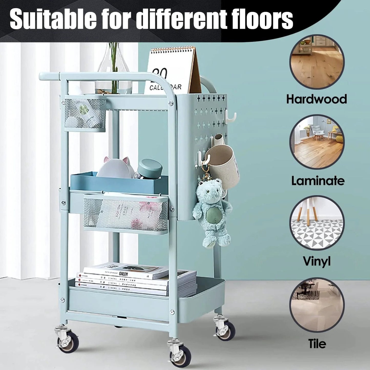 Light blue storage cart on Heavy Duty 3 Inch Stem Casters Set Of 4 With Brakes, Swivel Wheels For Workbenches Trolleys And Furniture Dollys, ideal for various floors.