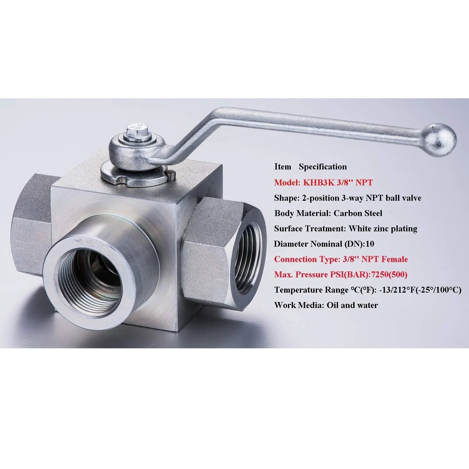 Front view of KHB3K Three Eighth Inch FNPT 3 Way High Pressure Ball Valve for Hydraulic and Water Systems L Bore 7250 PSI