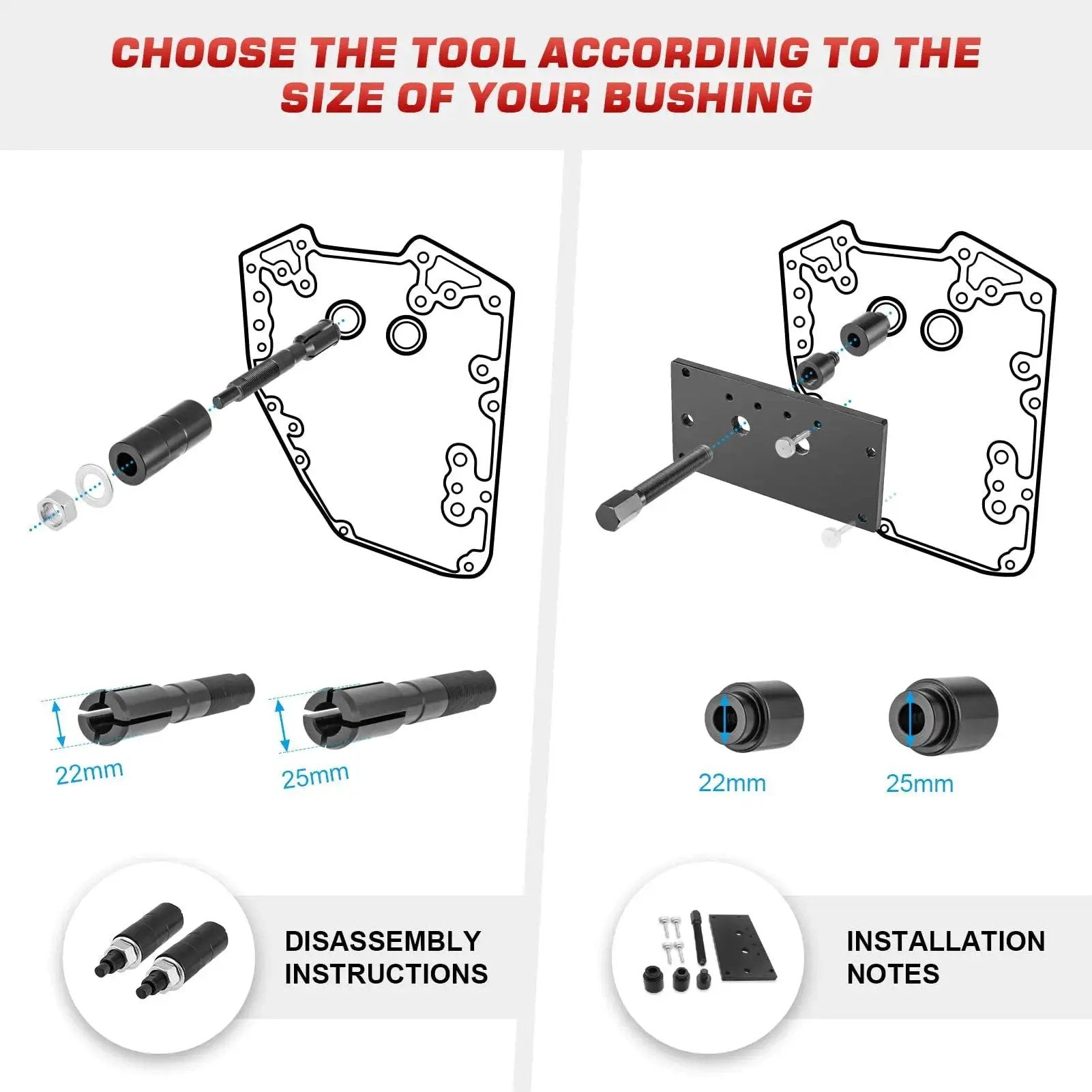 Inner Cam Bearing Installer And Puller For Harley Twin Cam Engines 1999-2017 with size options and installation diagram