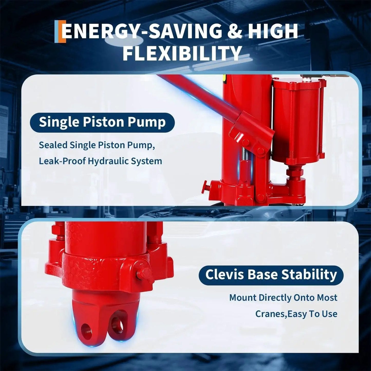 Close-up view of 8 Ton Air Hydraulic Long Ram Jack For Engine Hoists And Cranes Clevis Base, showing piston pump and clevis base stability
