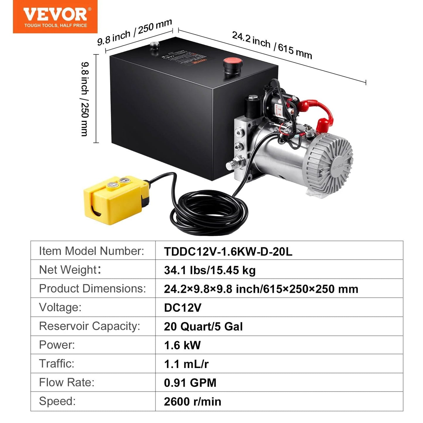 Beefy 20 Quart Hydraulic Dump Trailer Pump For 12V DC Systems, Single Acting Power Unit At 3200 PSI, SAE 6 Ports, with handheld pendant