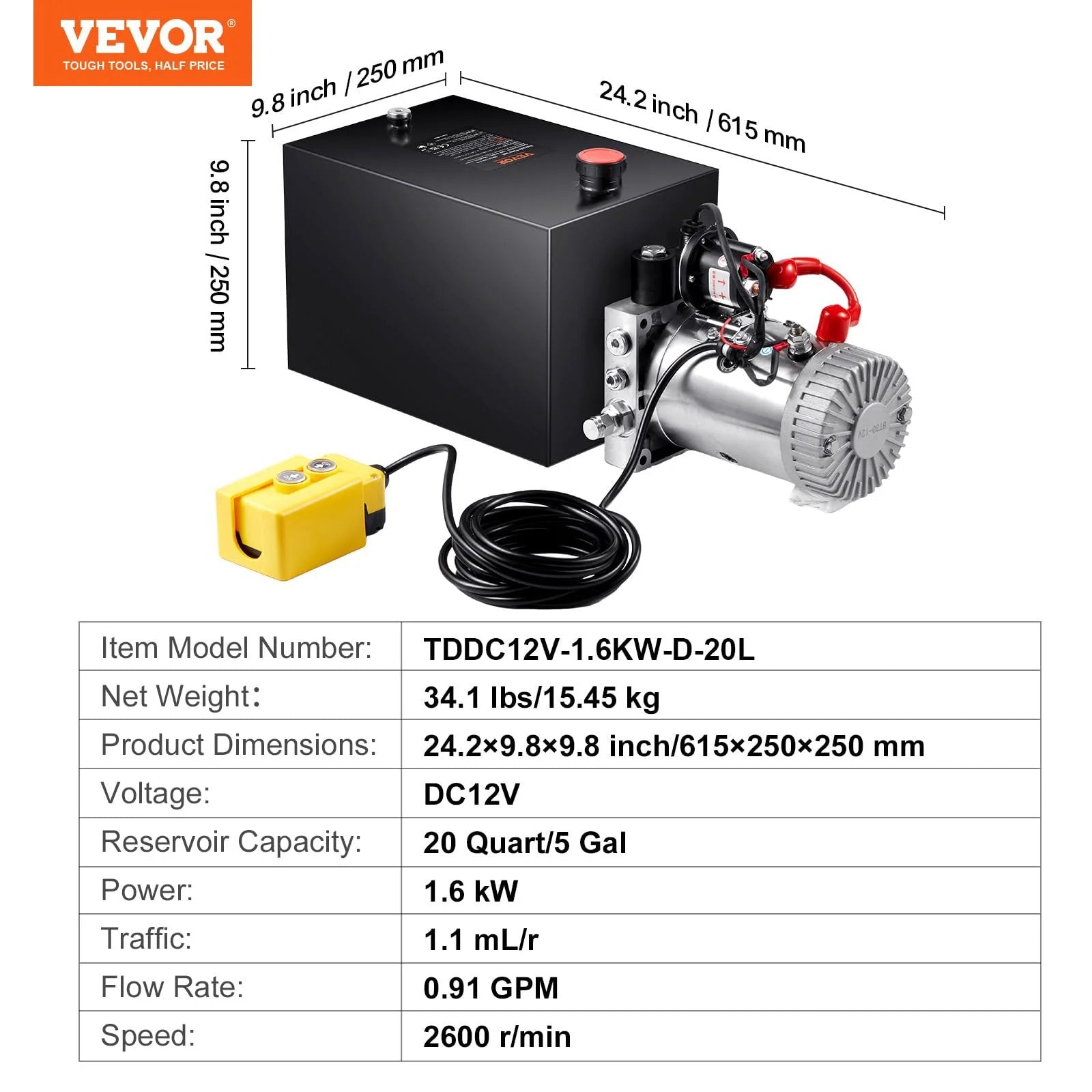 Beefy 20 Quart Hydraulic Dump Trailer Pump For 12V DC Systems, Single Acting Power Unit At 3200 PSI, SAE 6 Ports, with handheld pendant