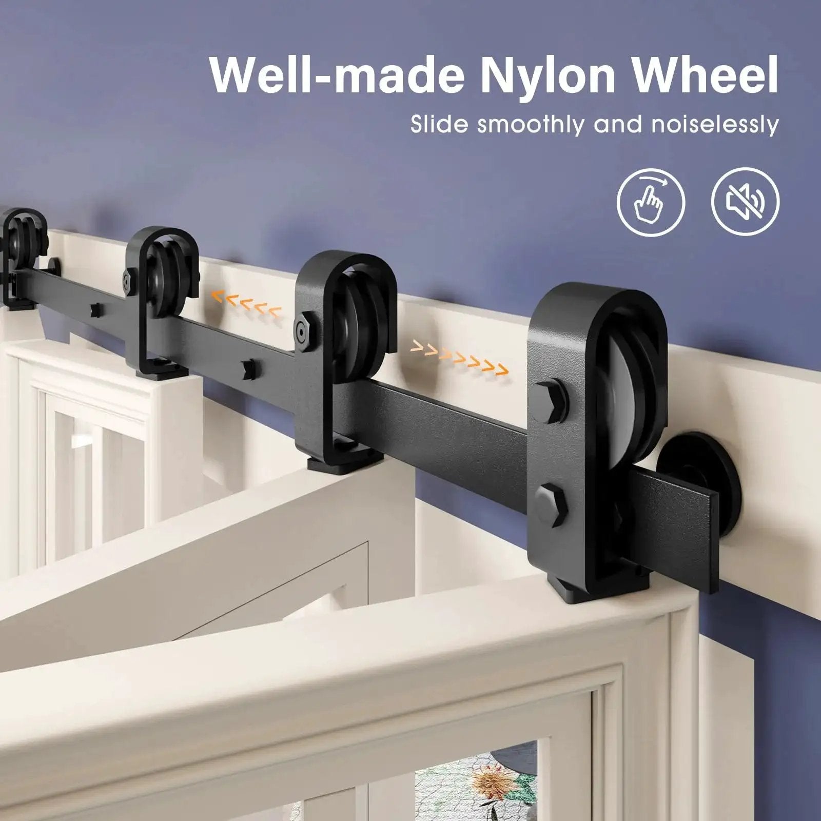 Top view of 64 Inch Bifold Barn Door Hardware Track Kit For Four 15 Inch Closet Doors with nylon pulleys in black finish.