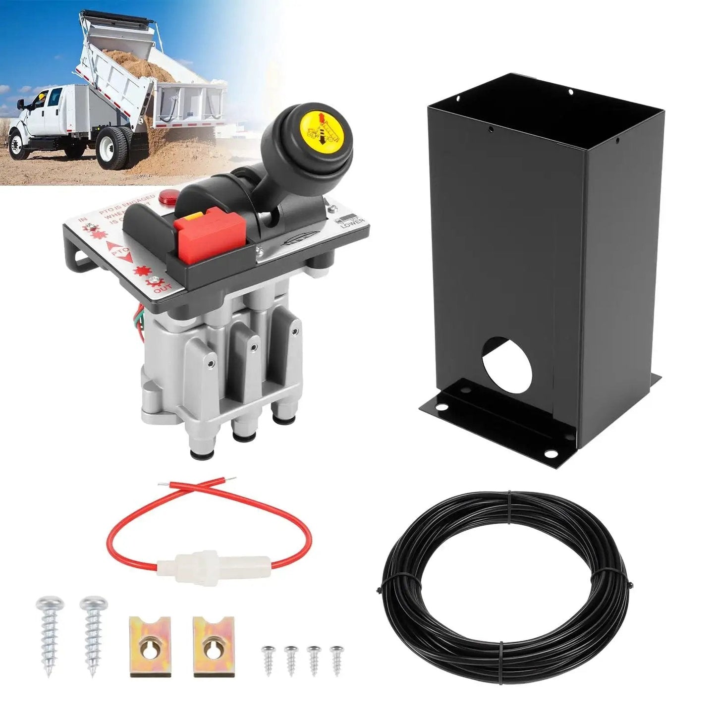 PTO Hoist Air Control Kit With Kickout And K90 Valve For Dump Trucks 10m Tube with components and installation items shown