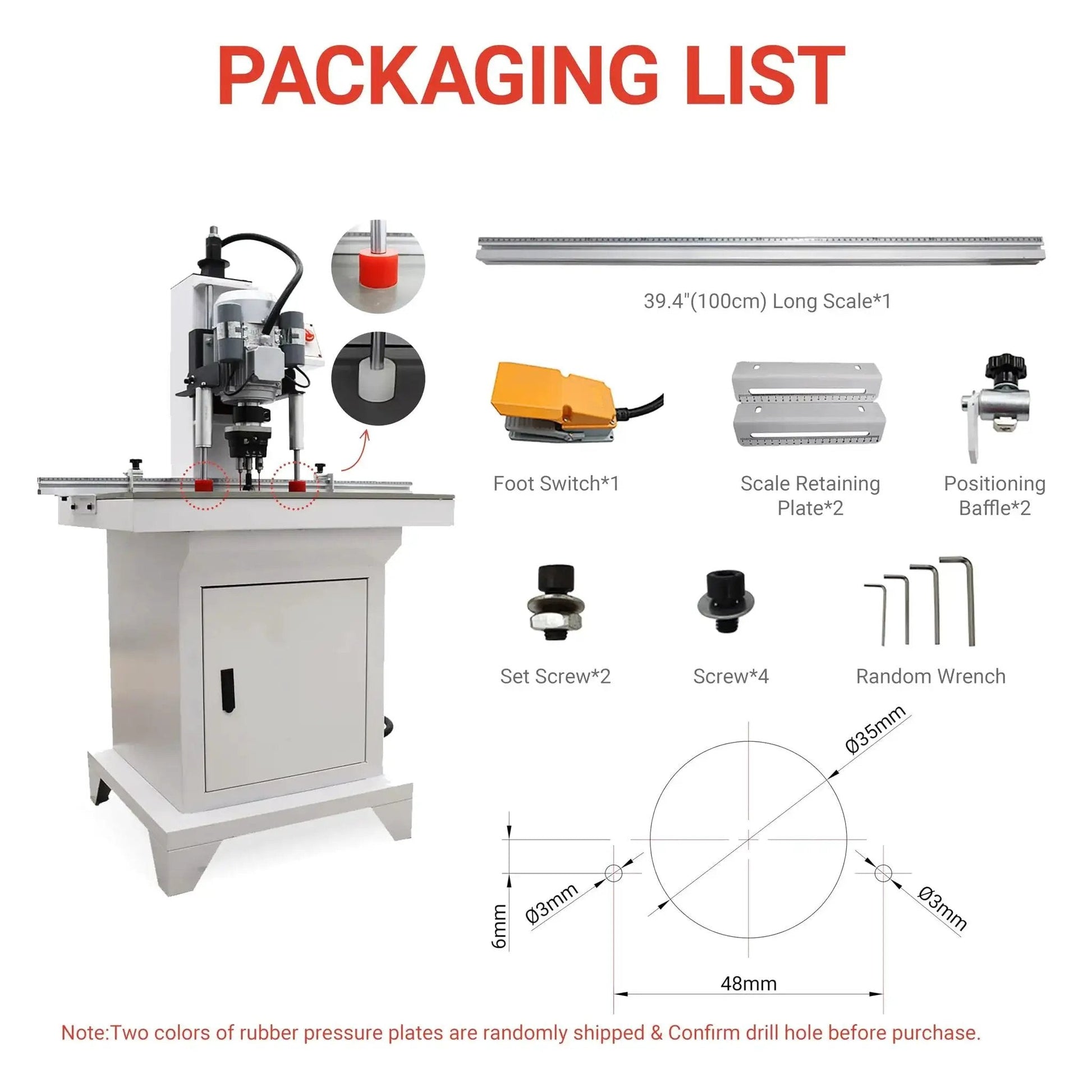 Packaging list for Pro Grade Pneumatic Hinge Drilling Machine For Furniture And Cabinet Installations 110V Upward Punching Single Head 0-50mm Drill Depth Heavy Duty Woodworking Tool 1.5KW Without 48-6 Drill Kit
