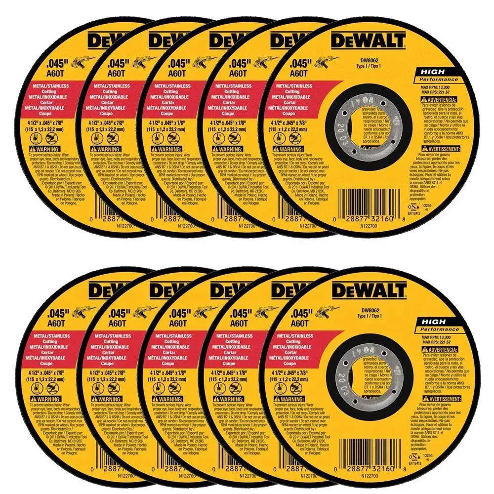 Rugged Workhorse Metal Cutting Thin Cutoff Wheels For 4-1/2 Inch Angle Grinders, 0.045 Inch Thick, 7/8 Inch Arbor, Aluminum Oxide Grain For Aggressive Burr-Free Cuts, Long-Life Discs, 10 Pack DeWalt shown in full view