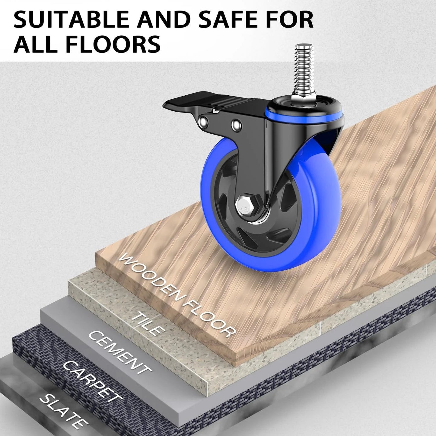 4 Inch Heavy Duty Stem Caster Wheels Set Of Four With Locking Swivel Casters 2000 Lbs Capacity on various floor types