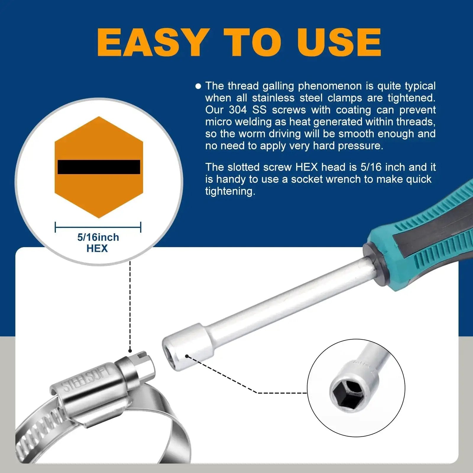 Heavy Duty Hose Clamp Size Six One Half To Three Quarters Inch Adjustable Worm Gear Drive Clamp Made From Stainless Steel 304 with hex tightening instructions.