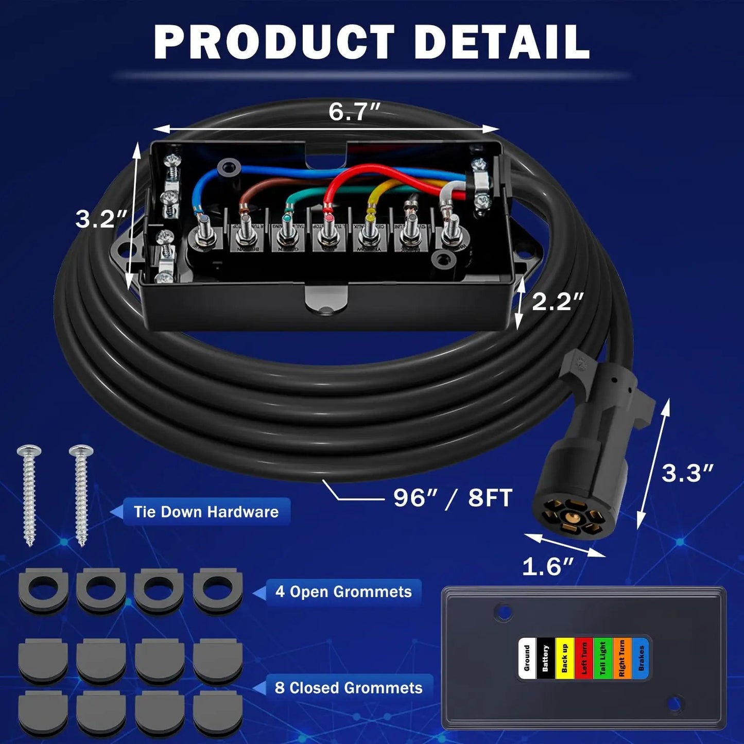 7 Way Trailer Wiring Harness Kit With 8 Ft Cord And Junction Box Premium 7 Pin Trailer Plug with junction box and wires.