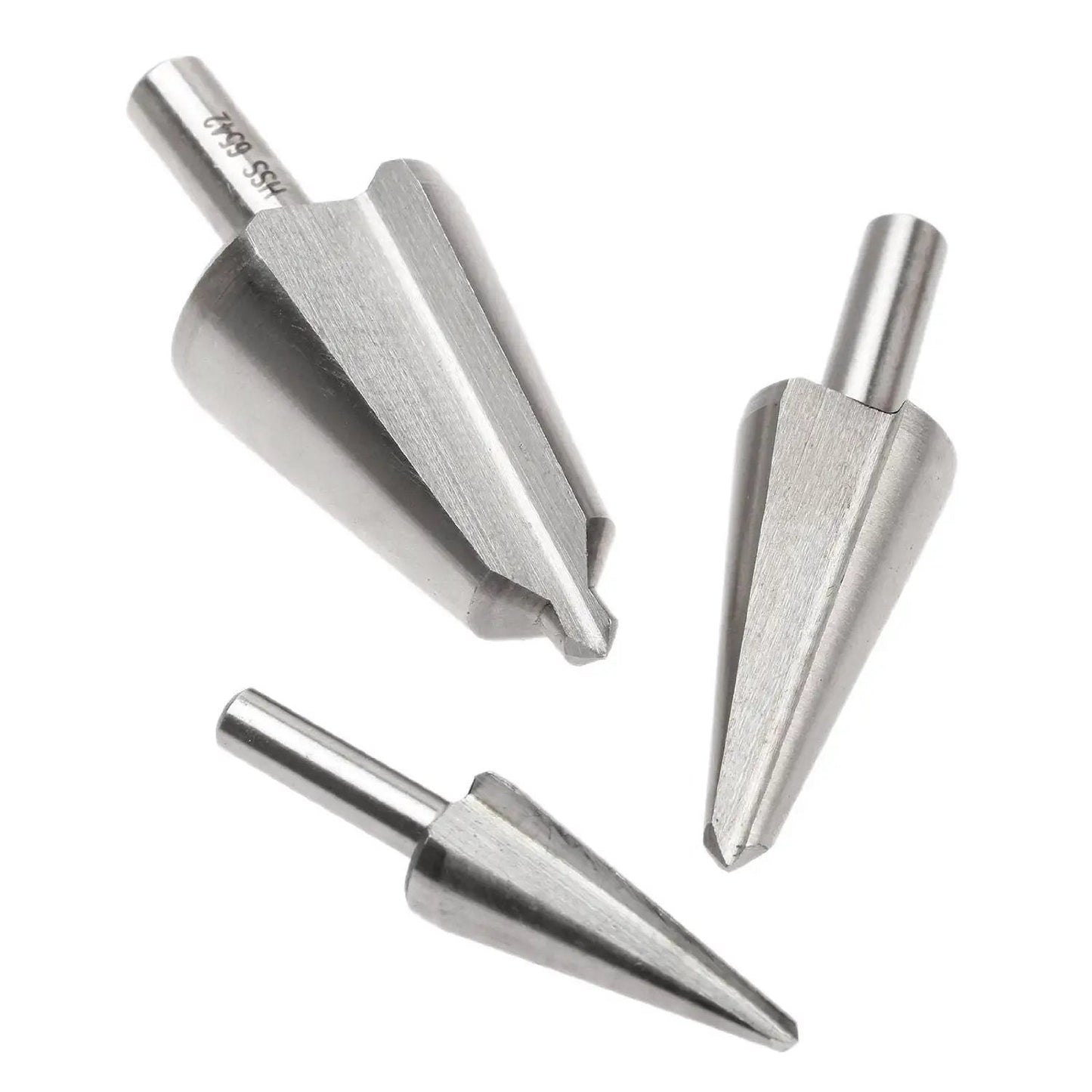 Three-piece Umbrella Drill Bit Set HSS 4241 for step drilling and cone chamfer cutting, 8mm and 10mm shanks, sizes 16-30.5mm, 5-20mm, 3-14mm