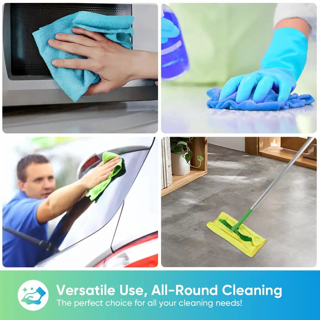 Person using Ultra Absorbent Microfiber Cleaning Cloths, 100 Pack For Cars, Home, Kitchen And Shop, Scratch Free, Lint Free Rags.