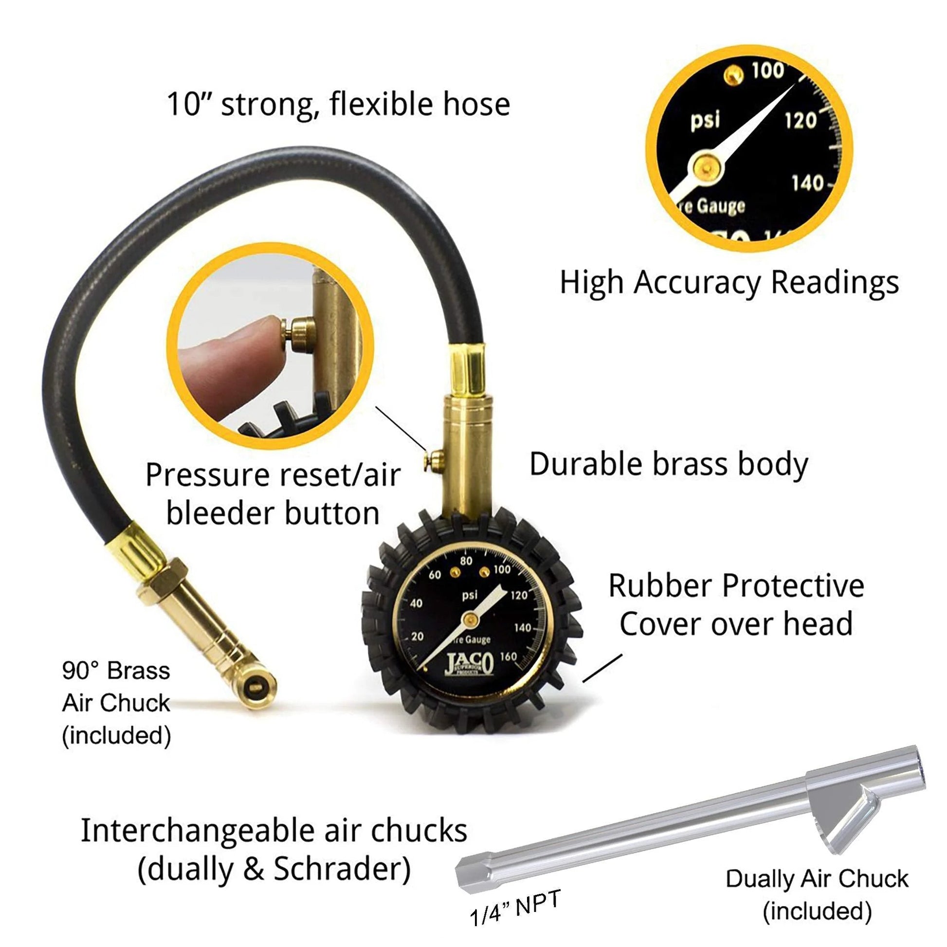 Dual Air Chuck Tire Pressure Gauge Up To 160 PSI With Battery Free Accuracy, ANSI Certified And Mechanic Tested for cars and trucks