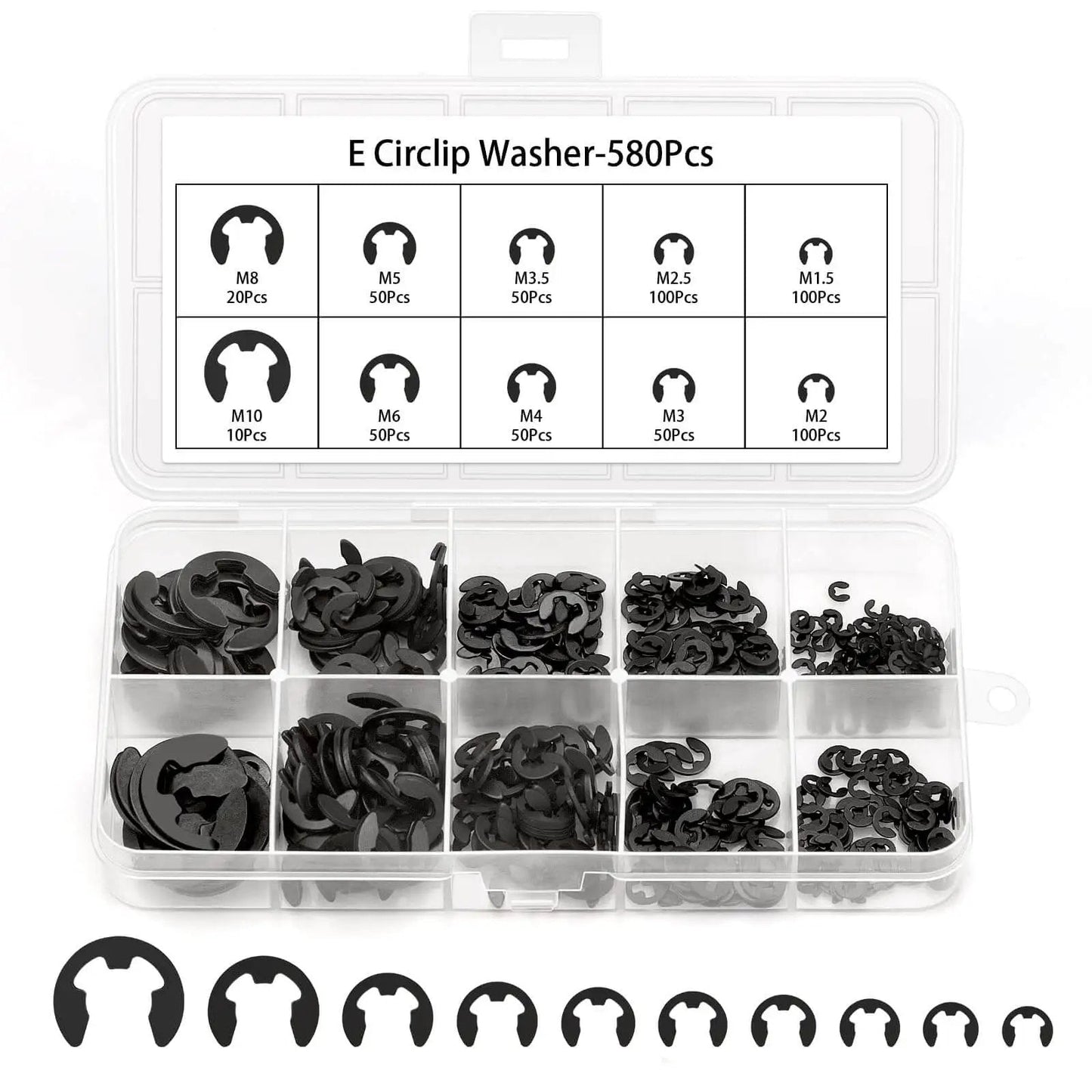 580 Piece Black Alloy Steel E Clip Set With 10 Size Assortment M1.5 To M10 in labeled storage box for bearings and axles