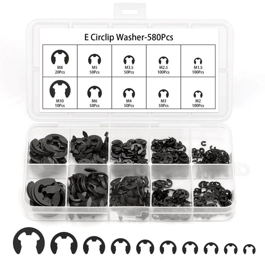580 Piece Black Alloy Steel E Clip Set With 10 Size Assortment M1.5 To M10 in labeled storage box for bearings and axles