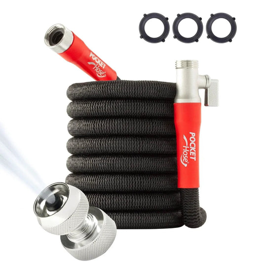 Expandable 50 Ft Garden Hose With Turbo Shot Nozzle For Quick Water Flow From Pocket Hose Silver Bullet Two Point Zero Lead Free Aluminum Connectors Kink Free And Leak Proof Easy On Off Valve As Seen On TV