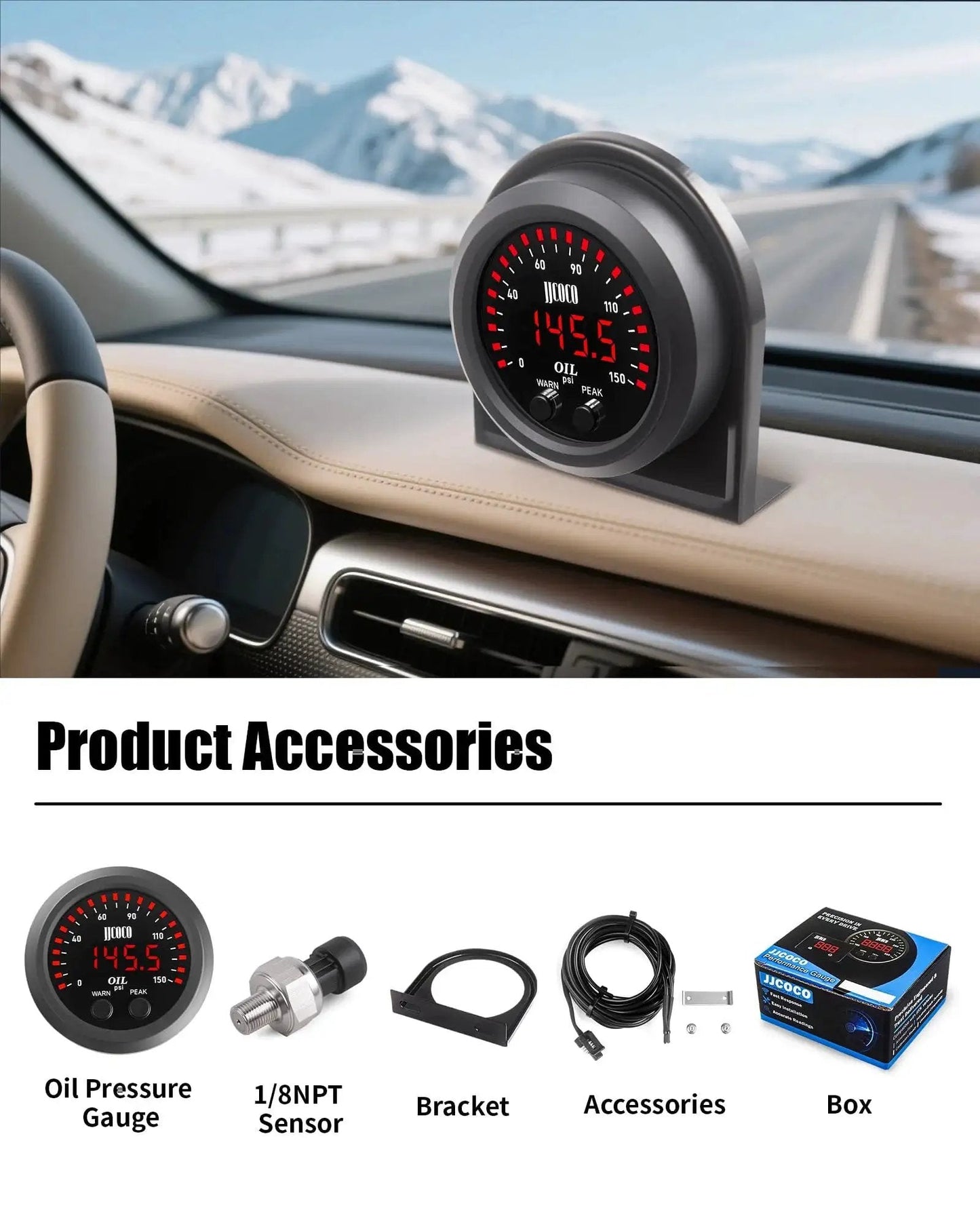 Digital LED Oil Pressure Gauge Kit With 0 To 150 PSI Range Digital Red LED Readout For Fast Clear Readings For Gearheads In Day Or Night 1 8NPT Electronic Sensor And Mounting Bracket For 12V And 24V Cars Trucks And Vehicles 52mm Gauge JJCOCO Now mounted on car dashboard with kit accessories