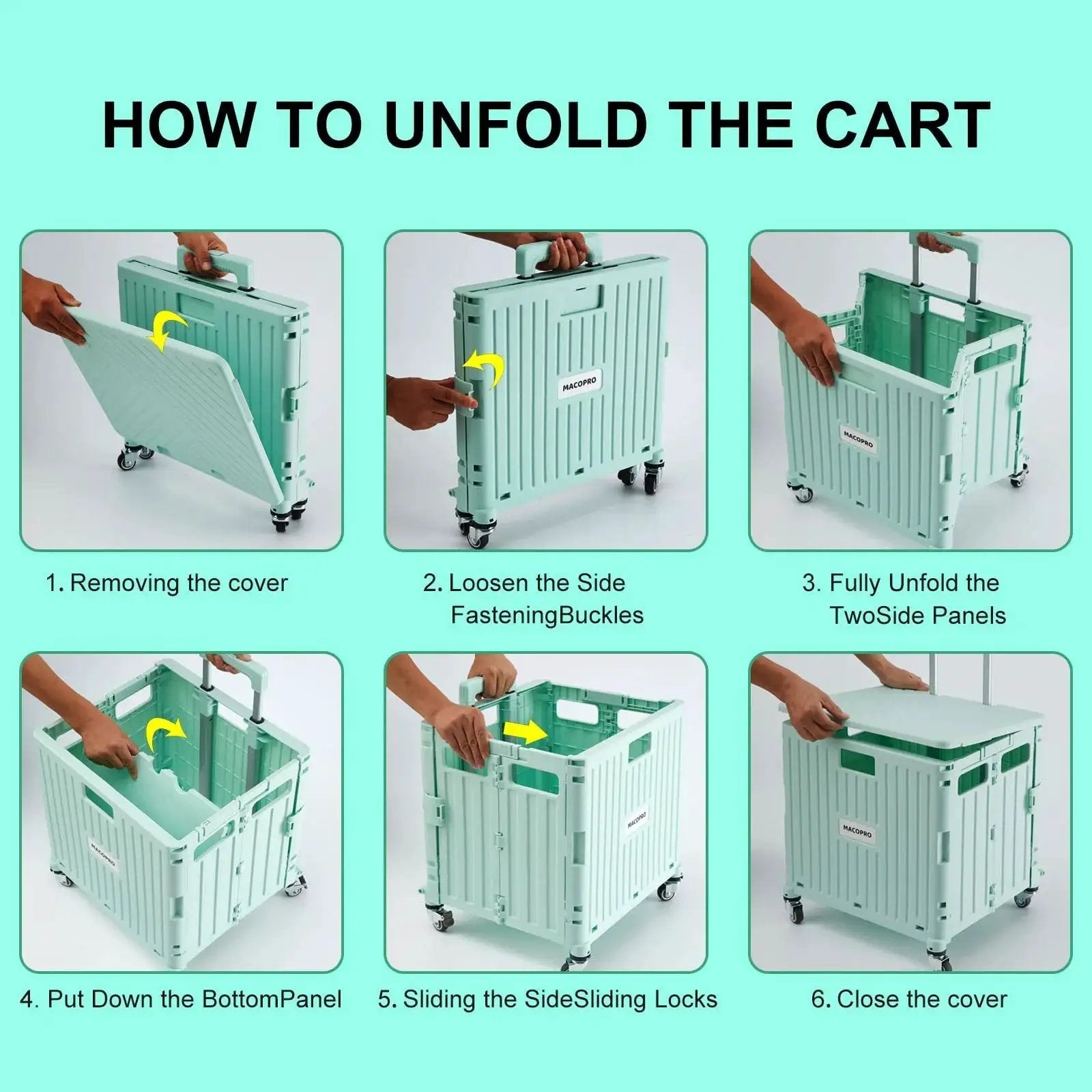 Step-by-step guide for unfolding the Foldable Utility Cart With Lid And Four 360 Degree Wheels Portable Handcart Green Macopro.