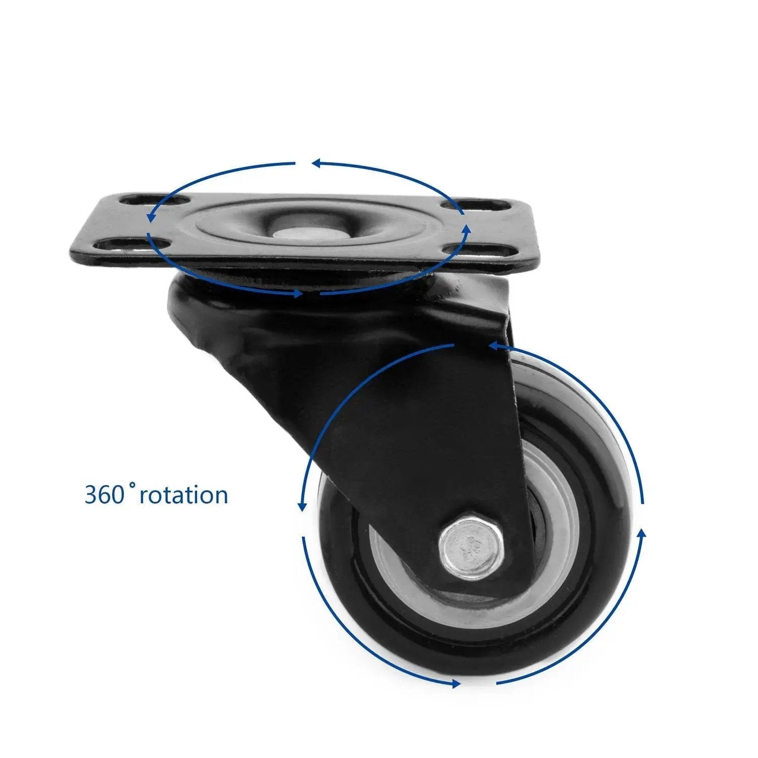 Heavy Duty 4 Pack 1.5 Inch Polyurethane Caster with Top Plate showing 360 degree rotation and swivel mechanism for furniture and displays.