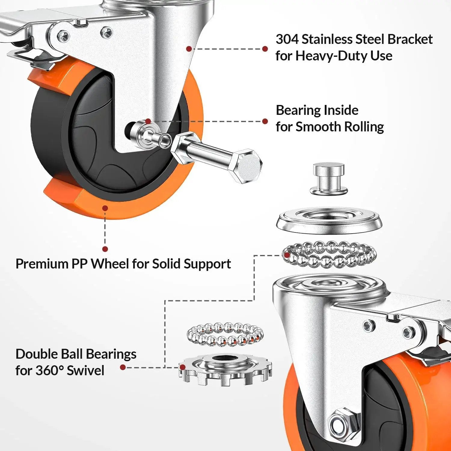 Components of Stainless Steel 4 Inch Casters Set Of Four For Furniture And Equipment Anti Rust 304 Stainless Steel Heavy Duty Wheels