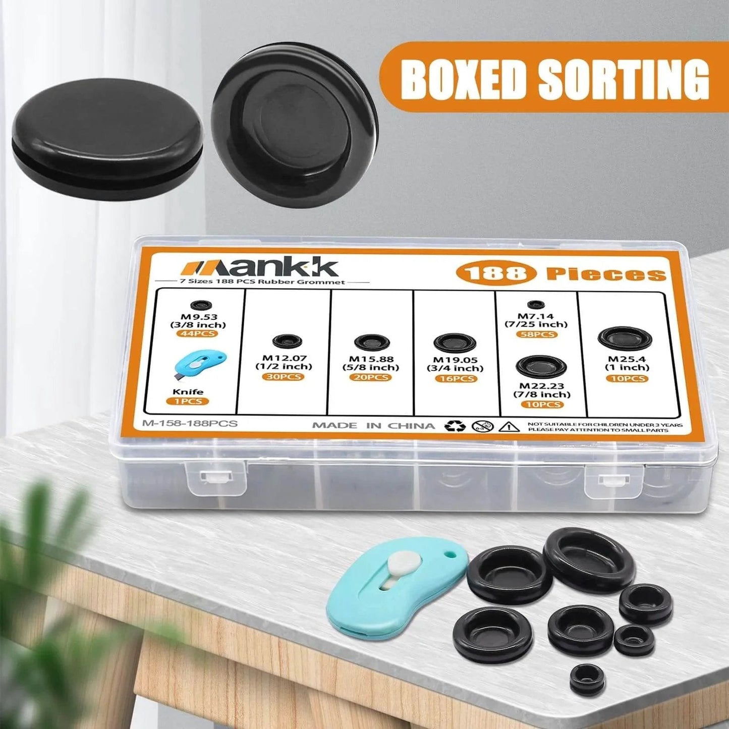 Closed Rubber Grommet Kit With Firewall Hole Plugs Assortment In Seven Sizes, kit box and knife on table