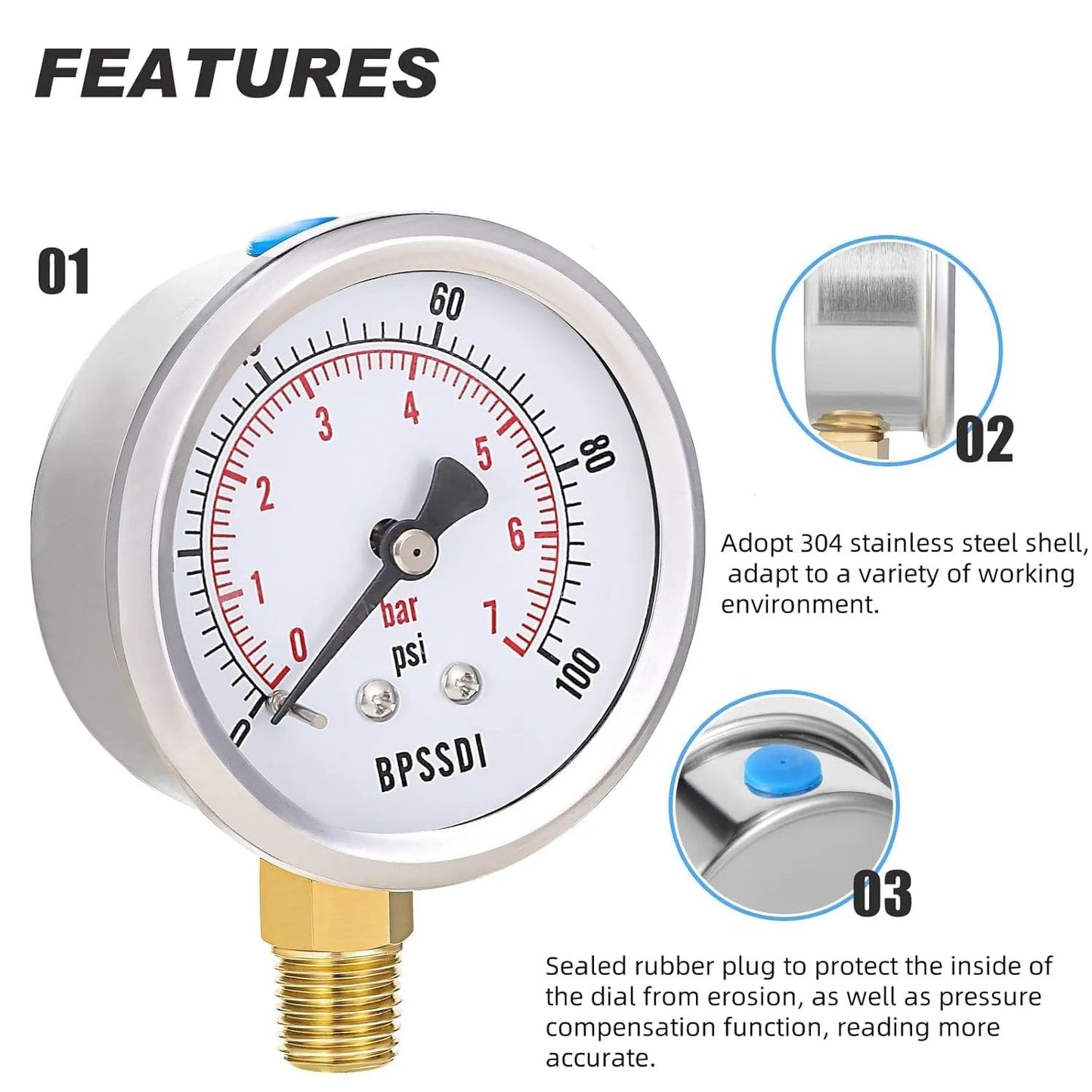 Lead Free 100 Psi Vacuum Water Pressure Gauge With 2.5 Inch Dial And One Quarter Inch G Lower Mount, 304 Stainless Steel Case