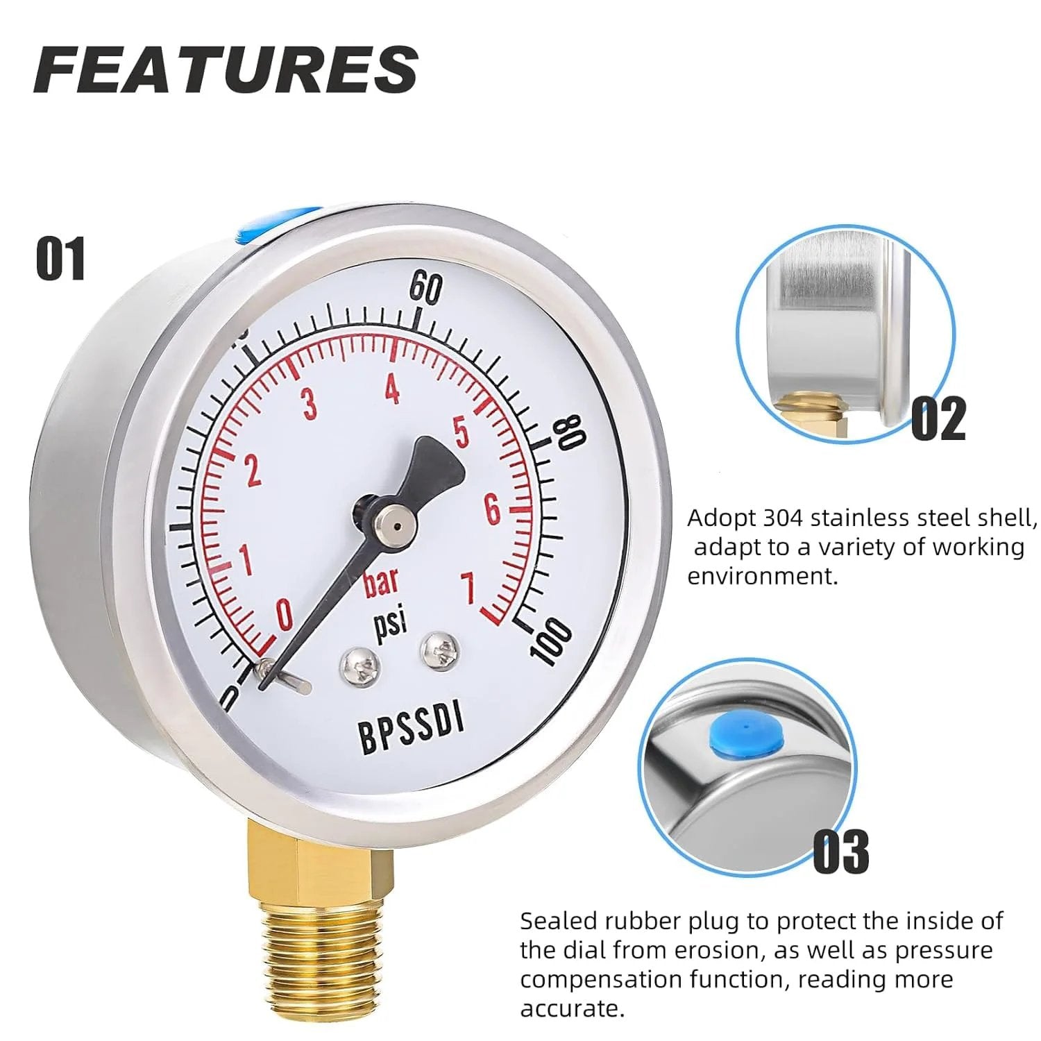 Lead Free 100 Psi Vacuum Water Pressure Gauge With 2.5 Inch Dial And One Quarter Inch G Lower Mount, 304 Stainless Steel Case