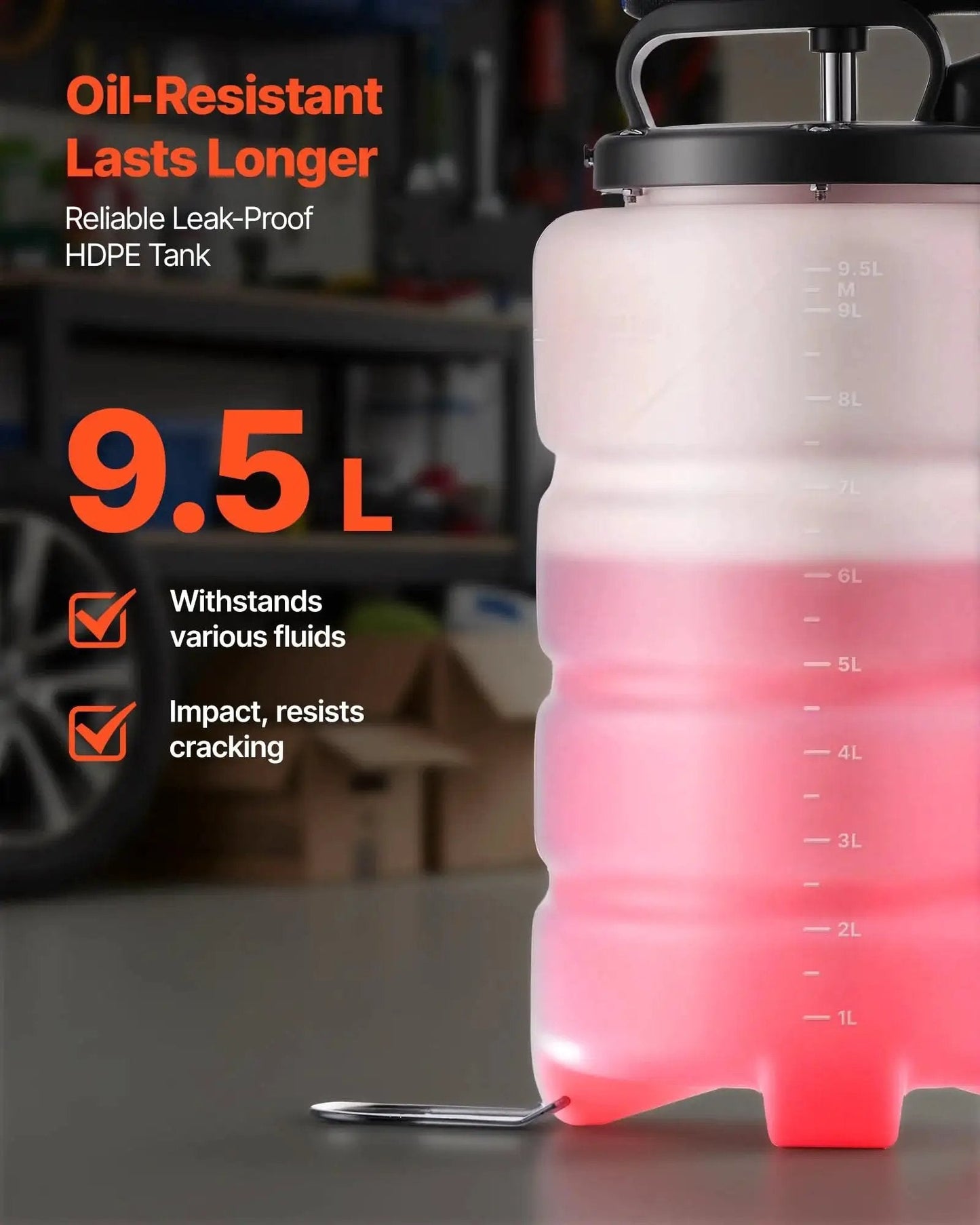 Close-up of 9.5 L Manual Oil Change Fluid Extractor Pump with Long Hose and Extension Tubes featuring leak-proof HDPE tank