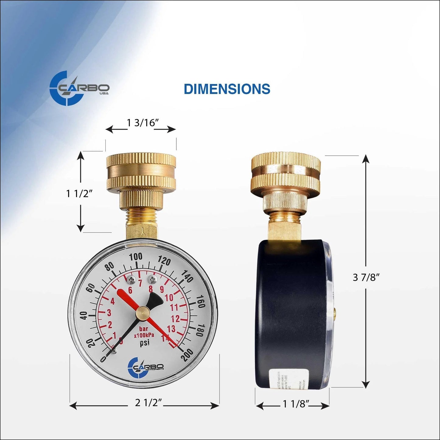 Rugged Two And A Half Inch Water Pressure Gauge With Peak Memory And Red Max Pointer Built Tough For Home Garden RV And Indoor Outdoor Use 0-200 PSI Three Quarter Inch Female Hose Thread Rust Resistant Brass Connector CARBO Instruments, front and side view showing dimensions.