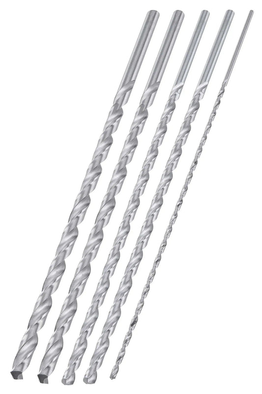 Extra Long Drill Bit Set For Deep Holes With 12 Inch Reach, M2 HSS Steel Bits, Five Piece Set Including One Eighth Inch, Three Sixteenths Inch