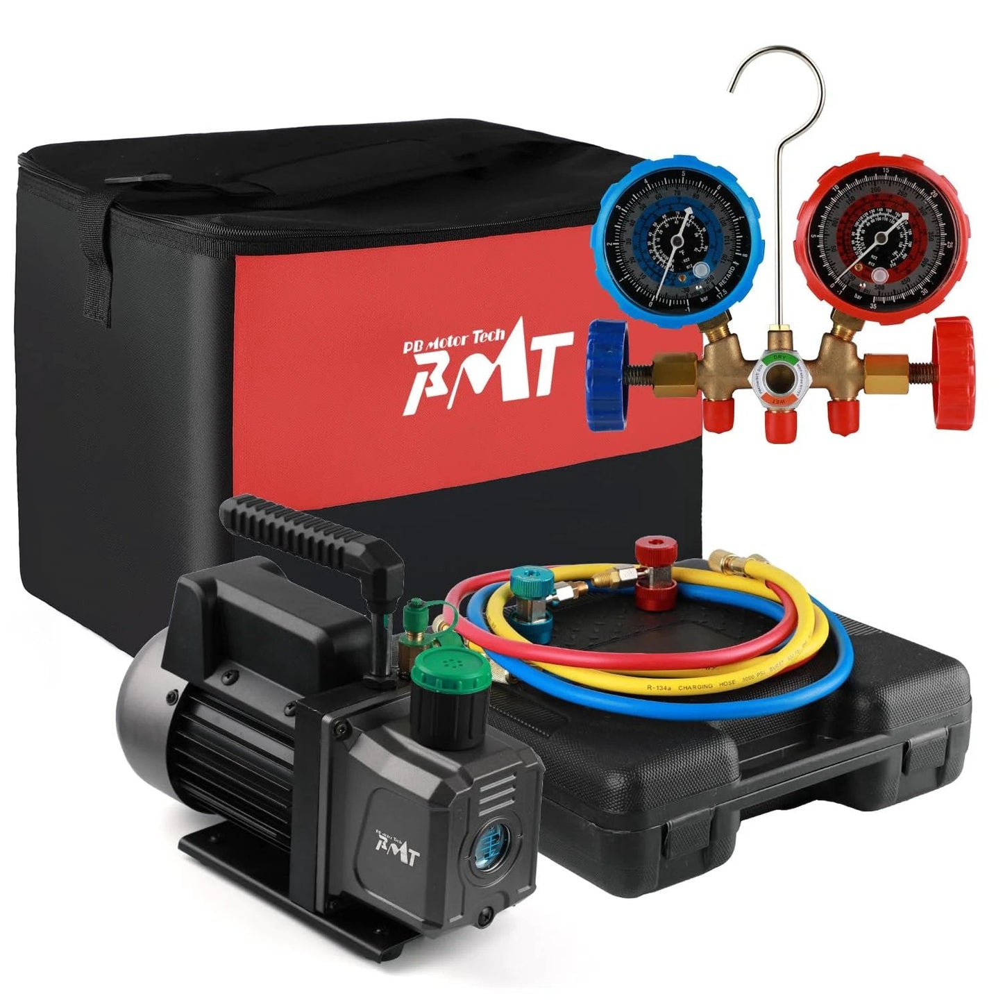 Pro Grade Auto AC Service Kit With One Third Horsepower Vacuum Pump And Three Way Manifold Gauge For R134a R12 R22 R502 Includes Puncture Can Tap Quick Adapters And 48 Inch Hoses PB MOTOR TECH