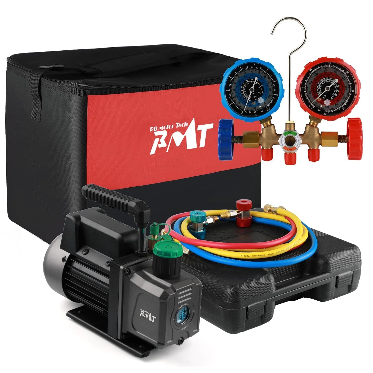 Pro Grade Auto AC Service Kit With One Third Horsepower Vacuum Pump And Three Way Manifold Gauge For R134a R12 R22 R502 Includes Puncture Can Tap Quick Adapters And 48 Inch Hoses PB MOTOR TECH