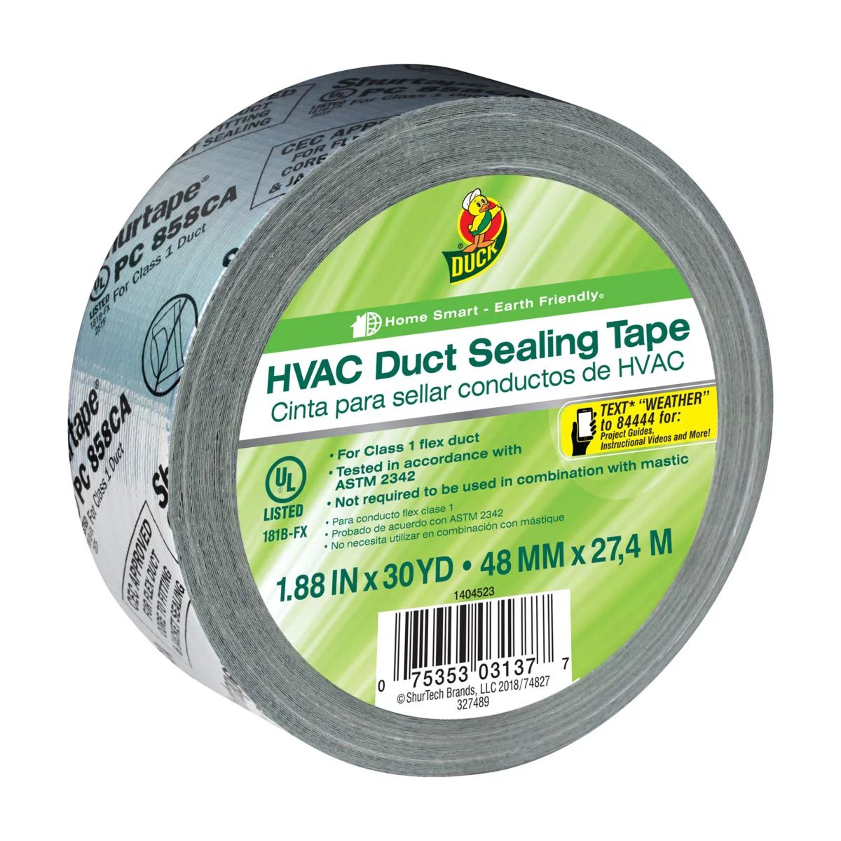 Heavy Duty HVAC Duct Sealing Tape For Rigid And Flexible Ductwork In Homes Indoors And Outdoors Silver 1.88 Inch Wide By 30 Yards Roll UL181AP Listed Temperature Range From Minus 20 To 200 Fahrenheit Indoor Outdoor Use Flame And Smoke Rated Duck Brand