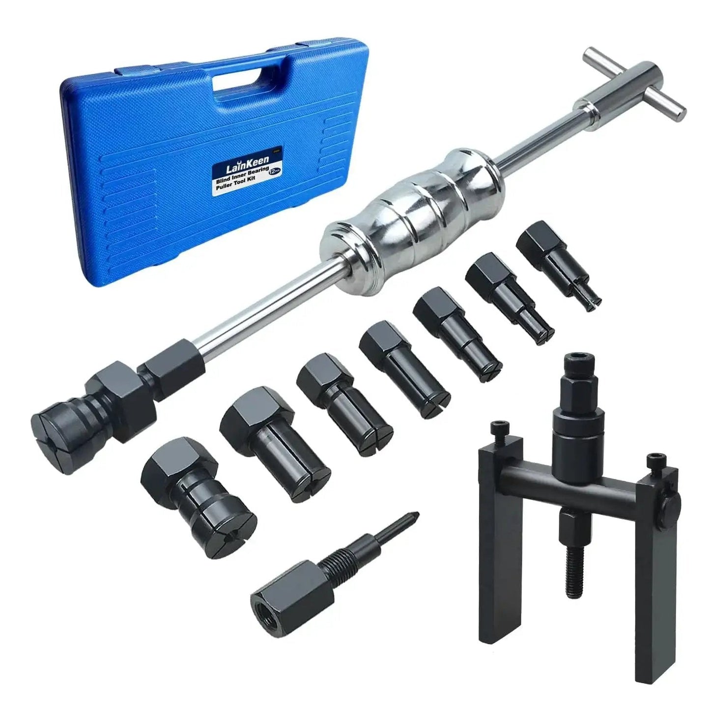 12 Piece Motorcycle Blind Inner Bearing Puller Kit With Slide Hammer And Collets 8mm To 25mm shown with tools and carrying case
