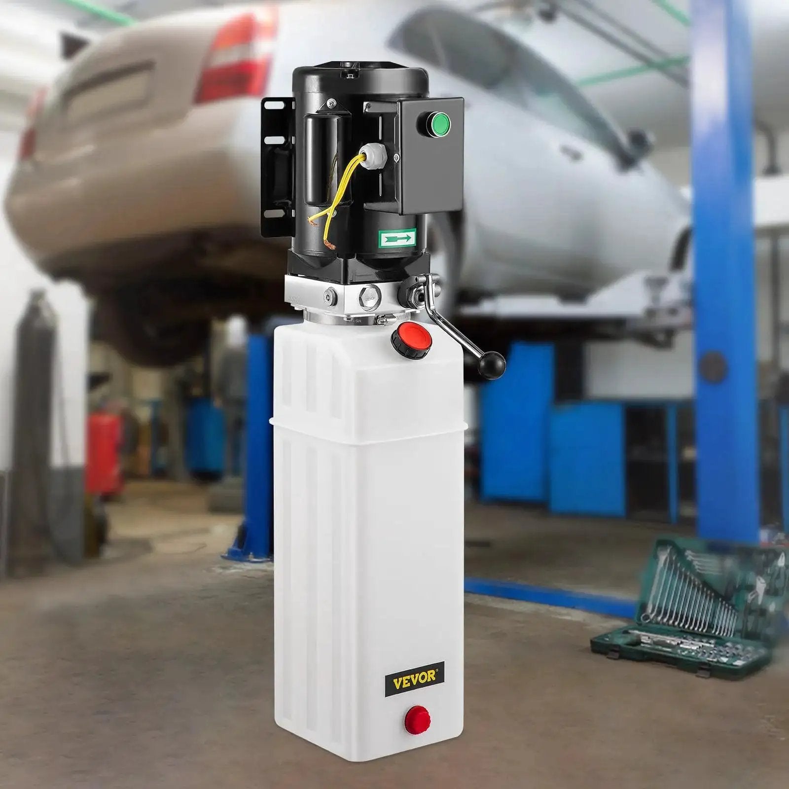 Hydraulic Power Unit For Car Lifts With 220V AC Motor, 3 HP, 2750 PSI, 6 Liter Reservoir, installed in auto shop