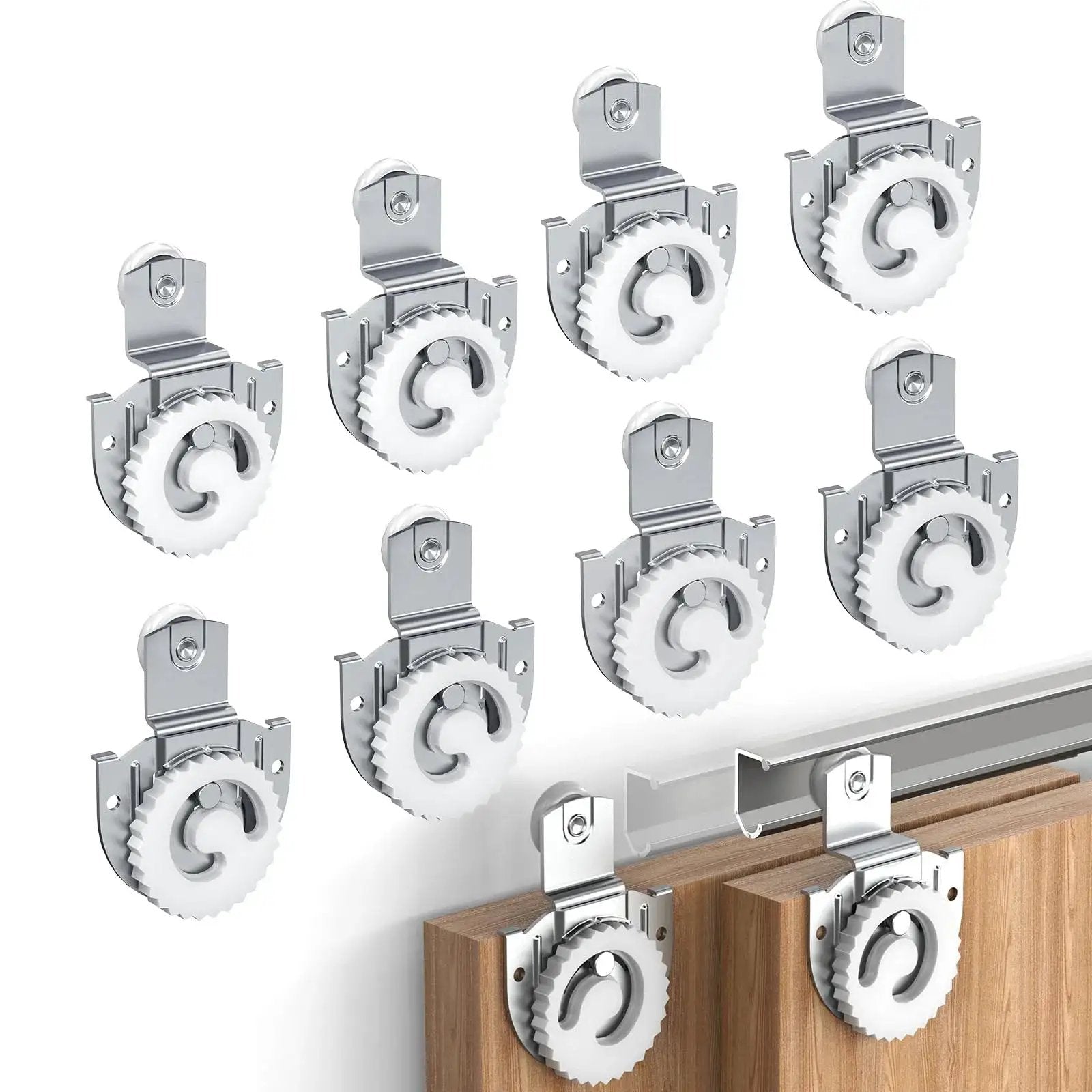 Sliding Closet Door Roller Set For Wardrobes Replacement Rollers Hardware Kit In Silver Eight Piece Pack Quiet Operation And Smooth Glide Durable Wardrobe Sliding Track Wheel System For Easy Low Noise Door Movement, front view.