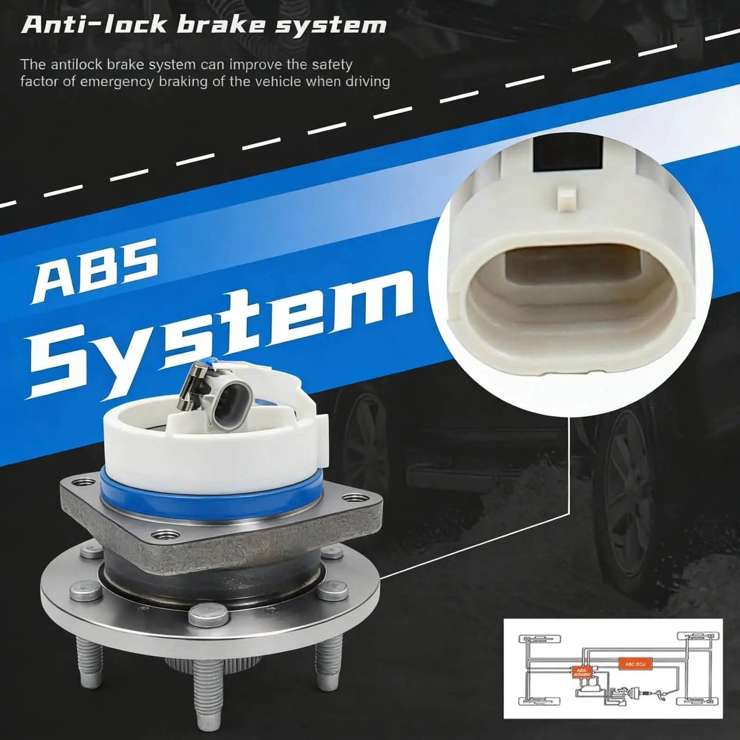ABS system diagram with single front wheel hub bearing assembly, Fits Chevy Impala Monte Carlo Uplander and others 5-lug ABS OEM 513121 12429204